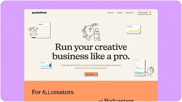 Passionfroot’s old website, headed Run your creative business like a pro, for creators