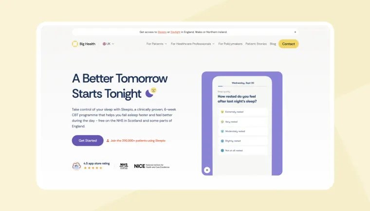 The Sleepio landing page, headed A Better Tomorrow Starts Tonight, beside the app’s sleep diary on a phone