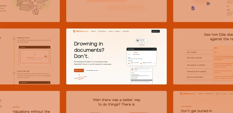 The Fifth Dimension homepage, headed Drowning in documents? Don’t., among pages of the new site on an orange background