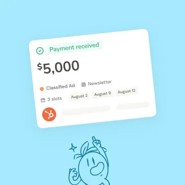 A Passionfroot payment card: Payment received, $5,000 for a classified ad and newsletter, with the Passionfroot character