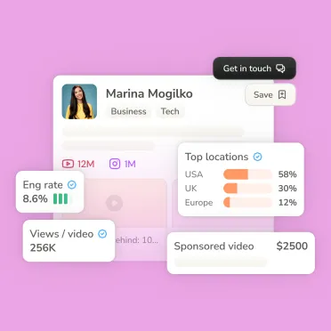 A Passionfroot creator profile card showing engagement rate, views per video and top audience locations