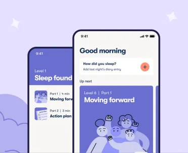The Sleepio app on two phones: Good morning, Sleep foundations and Moving forward