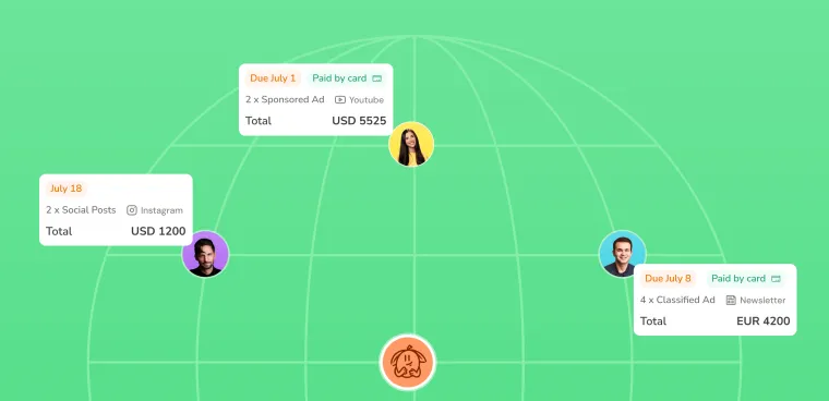 Passionfroot invoices paid in dollars and euros to creators around a globe, on green