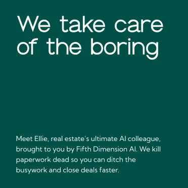 A Fifth Dimension social post on deep teal: We take care of the boring, introducing Ellie