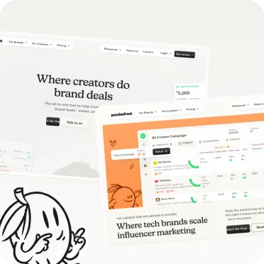 The new Passionfroot homepages for creators and for tech brands, with the Passionfroot character