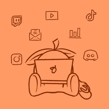 Illustration of a person sitting with a laptop surrounded by social media icons, on orange