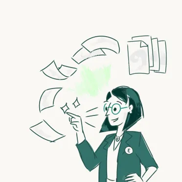 Hand-drawn line illustration of a woman in a teal blazer with papers flying around her