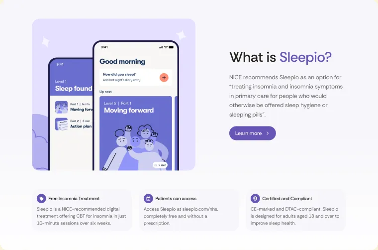 The What is Sleepio? section of the Big Health website, with the app on two phones and three feature cards