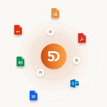 The Fifth Dimension icon at the centre of orbiting document, spreadsheet, PDF and email icons