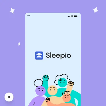 The Sleepio app splash screen with illustrated characters, on a phone
