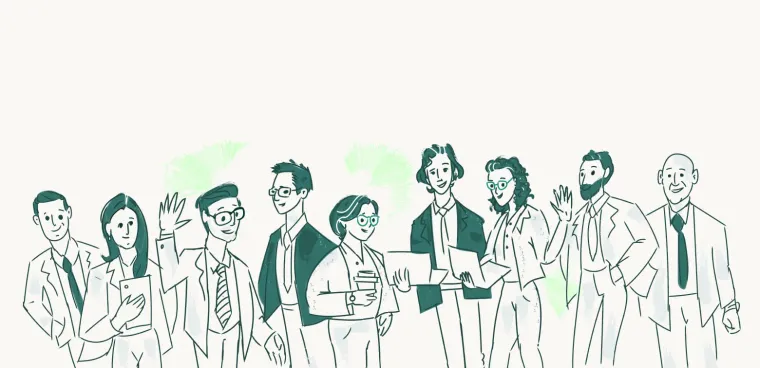 Hand-drawn line illustration of a team of real estate professionals, some waving