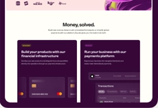 Fintech website with payment cards and a transactions table