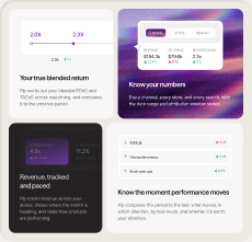 Pip analytics website feature grid showing return and revenue tracking