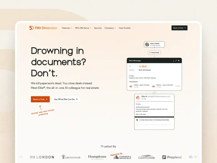 The Fifth Dimension website homepage in a browser window, on an orange background