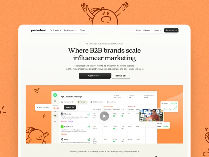 The Passionfroot website homepage in a browser window, with Passionfroot illustrations