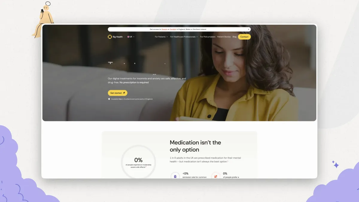 The redesigned Big Health website, scrolling through its treatment pages