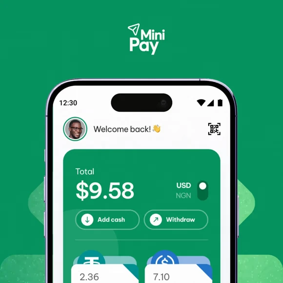 MiniPay app on a phone showing a balance of $9.58