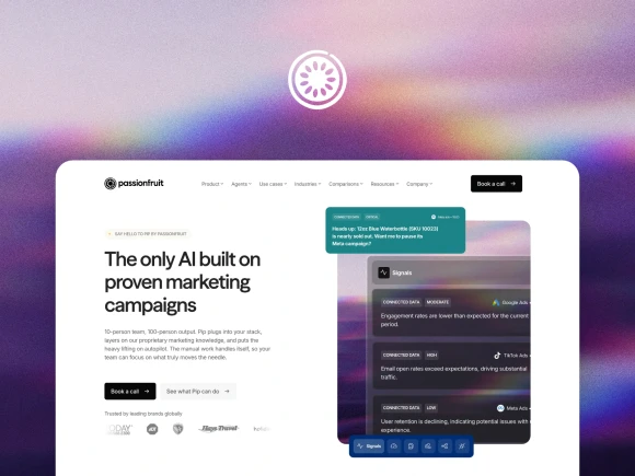 Passionfruit website homepage with the headline The only AI built on proven marketing campaigns, beside its Signals panel