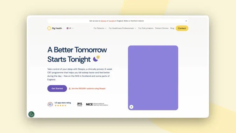 The redesigned Sleepio landing page and its custom video