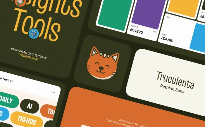 The Neuron brand elements: colour swatches, type specimens and the cat mascot