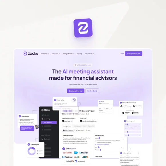 Zocks website homepage with the headline The AI meeting assistant made for financial advisors